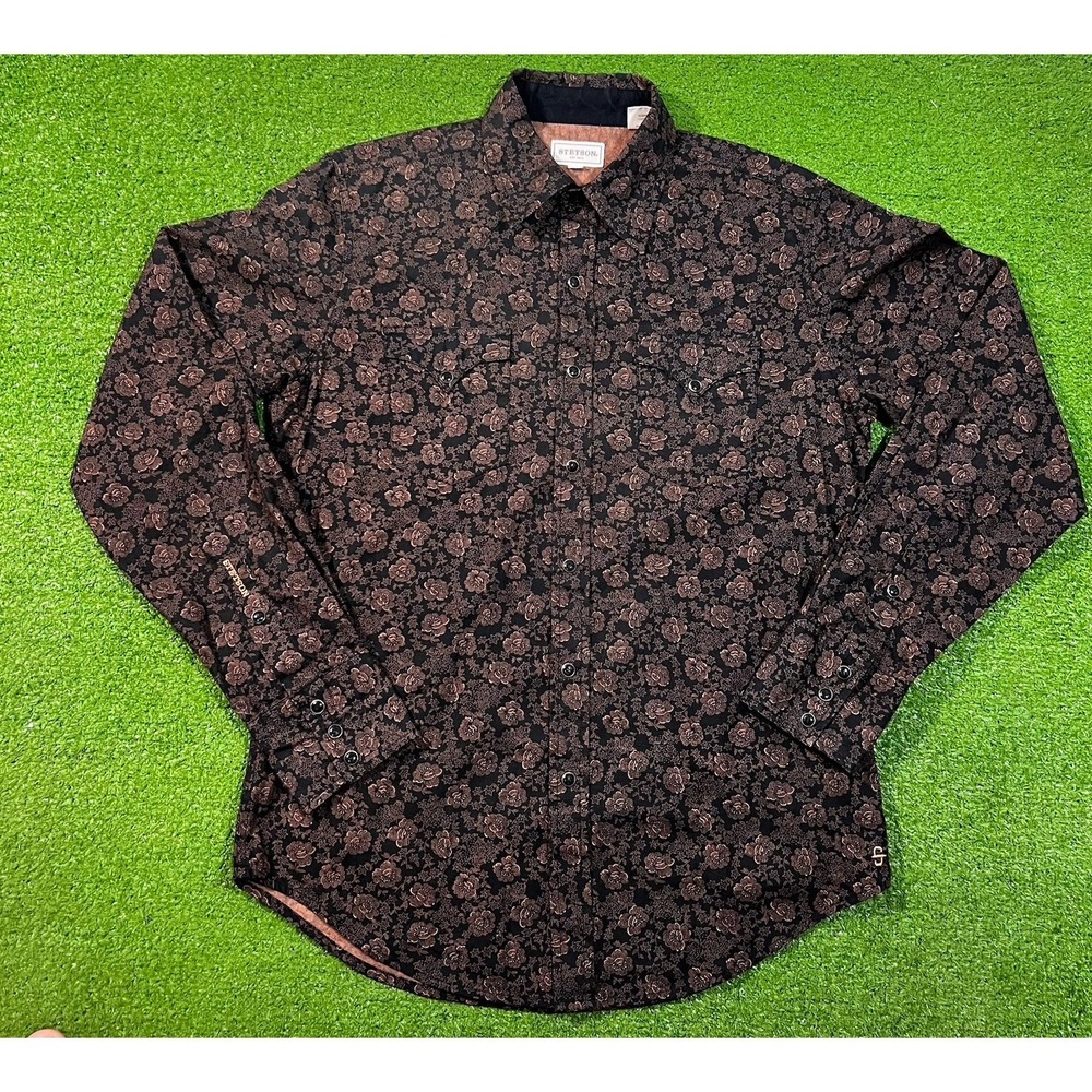 Vintage Stetson Pearl Snap M Western Black Copper Floral Leaf Paisley Pattern
